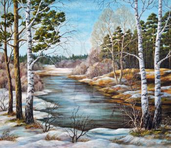 Picture oil paints on a canvas, landscape: the spring Siberian river