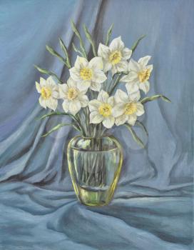 Picture oil paints on a canvas: glass vase with narcissus