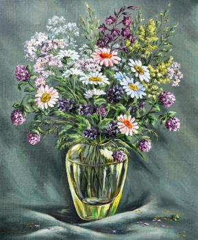 Picture oil paints on a canvas: glass vase with wild flowers