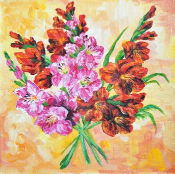 Picture oil paints on a canvas: bouquet of gladiolus