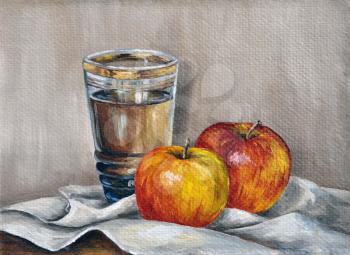 Picture oil paints on a canvas, fruit-piece: apples and juice in a glass bocal