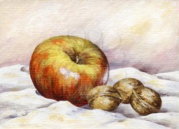 Apple and nuts. Picture oil paints on a canvas