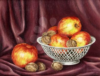 Apples and nuts on a red background. Picture oil paints on a canvas