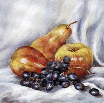 Fruits: apples, pears, grapes. Picture oil paints on a canvas