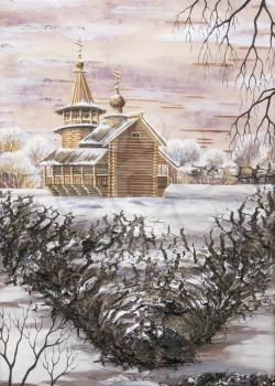 Picture, Church from memorial estate Kizhi, Russia. Handmade, drawing distemper on a birch bark