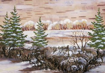 Winter natural landscape. Handmade, drawing distemper on a birch bark