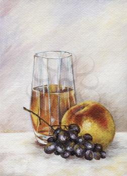 Picture oil paints on a canvas, fruit-piece: peach, grapes, juice