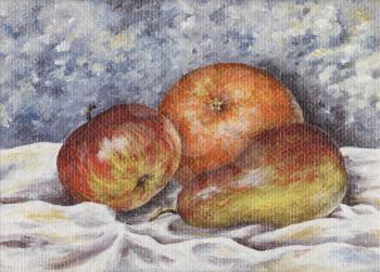 Picture oil paints on a canvas: a pear, an apple, an orange