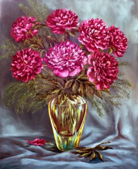 Picture oil paints on a canvas: a bouquet of peonies in a glass vase