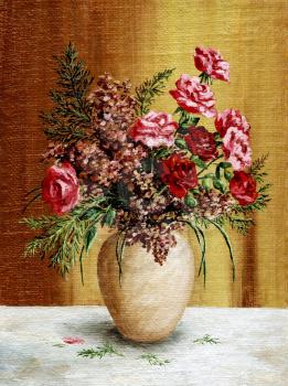 Picture oil paints on a canvas: a bouquet of roses in a white pot