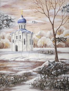 Drawing distemper on a birch bark: The Church of the Intercession of the Holy Virgin on the Nerl River, Russia