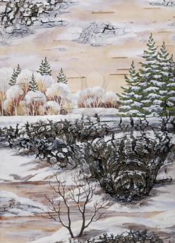 Winter siberian landscape. Handmade, drawing distemper on a birch bark