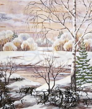 Picture, winter natural landscape. Hand draw, distemper on a birch bark