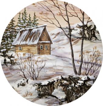 Drawing distemper on a birch bark: small house in wood