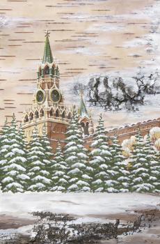 Picture. Russia, Moscow Kremlin, Savior Tower. Handmade, drawing distemper on a birch bark