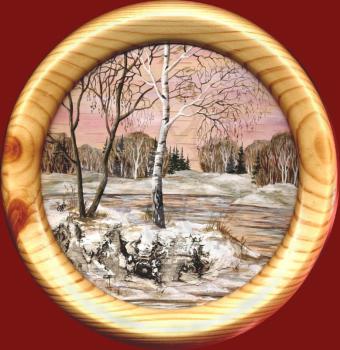 Drawing distemper on a birch bark: spring landscape in a round wooden frame