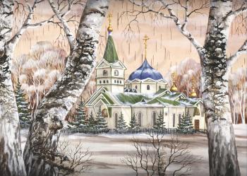 Picture, Voznesensky cathedral, Russia, Novosibirsk. Drawing distemper on a birch bark