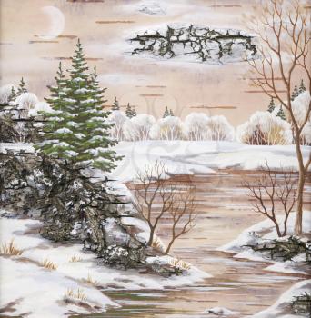 Drawing distemper on a birch bark: Winter landscape with river