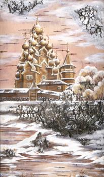 Paintings, Transfiguration church from memorial estate Kizhi, Russia. Handmade, drawing distemper on a birch bark