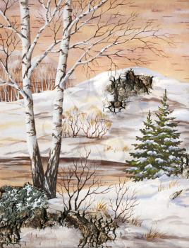 Handmade, drawing distemper on a birch bark: winter siberian landscape
