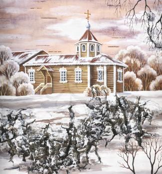 Picture, the Church of the Intercession of the Holy Virgin, Russia, Novosibirsk. Drawing distemper on a birch bark