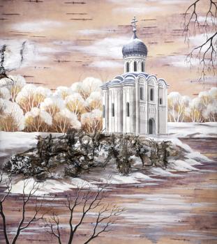 Painting, the Church of the Intercession of the Holy Virgin on the Nerl River, Russia. Drawing distemper on a birch bark