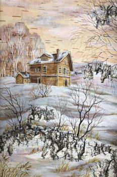 Picture, house with a wooden carving. Drawing distemper on a birch bark