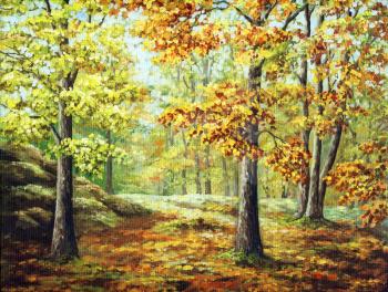 Picture oil paints on a canvas, landscape: autumn wood