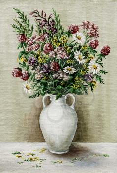Picture oil paints on a canvas: a bouquet of wildflowers in a white amphora