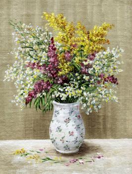 Picture oil paints on a canvas: a bouquet of wild flowers in a white vase