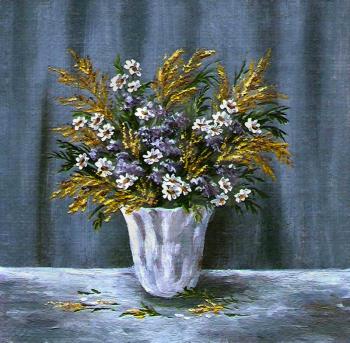 Picture oil paints on a canvas: a bouquet of wildflowers in a white vase