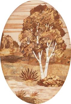 handmade: landscape, application from the right and side slices of an underside of a birch bark
