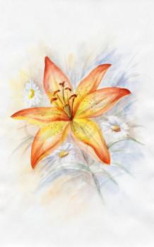 Drawing a water colour on a paper: bouquet with a lily