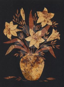 Handmade: bouquet of lilies, application from slices of a back of a birch bark on a black fabric