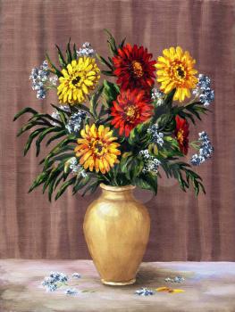 Flowers, bouquet in a ceramic jug. Picture, drawing oil paints on a canvas
