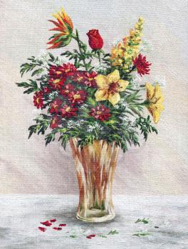 Picture Oil Painting on a Canvas, a Bouquet of Flowers in a Glass Vase