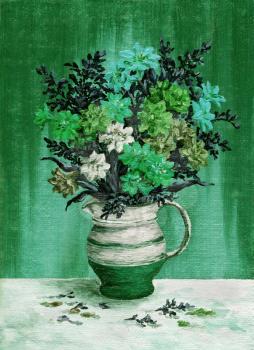 Picture, painting oil paints on a canvas, a bouquet of freesia flowers in a jug