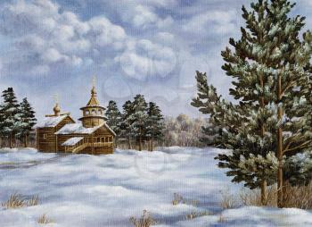 Picture oil paints on a canvas: landscape with pines and a temple, Russia
