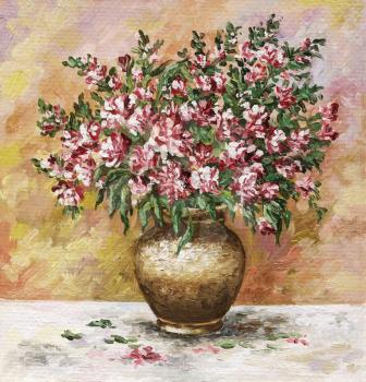 Picture oil paints on a canvas: bouquet of freesia in a clay pot