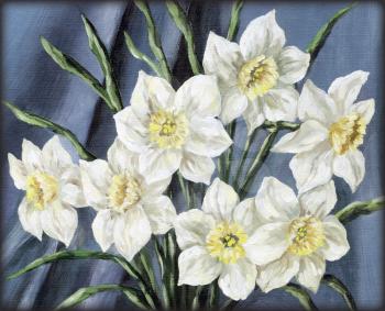 Picture, still-life, flowers narcissus bouquet. Hand draw oil paints on a canvas