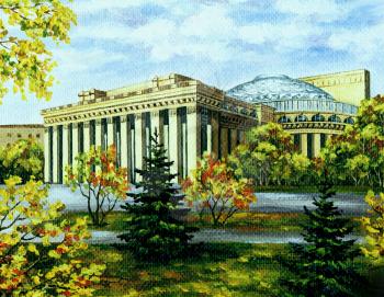 Picture oil paints on a canvas: Opera and ballet theatre, Russia, Novosibirsk, in autumn