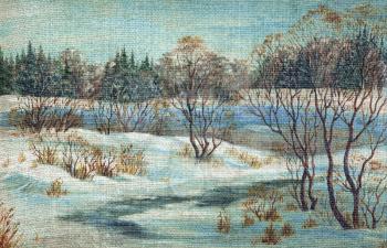 Landscape, winter river. Picture oil paints on a canvas