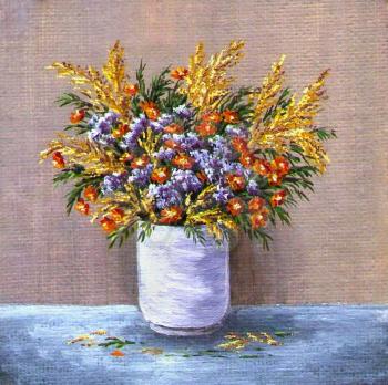 Picture oil paints on a canvas: a bunch of trollius in a white vase