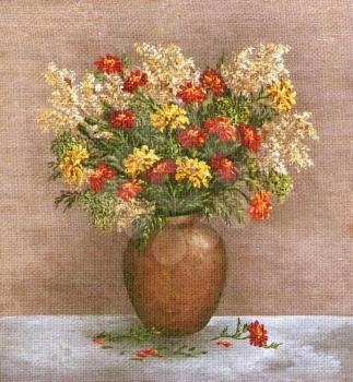 Picture Oil Painting on a Canvas, a Bouquet of Marigold And Saffron in a Clay Vase