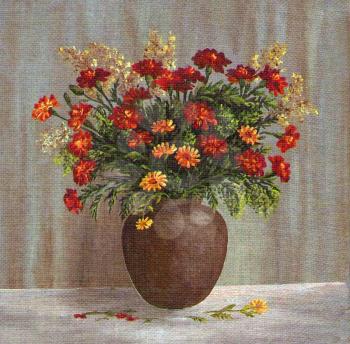 Picture Oil Painting on a Canvas, a Bouquet of Marigold Flowers in a Clay Pot