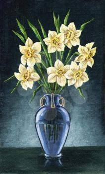 Flowers narcissuses in a blue glass vase, picture oil paints on a canvas