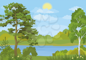 Landscape with Pine, Fir and Birch Trees, Grass and Flowers on the Shore of a Lake under a Blue Cloudy Sky with Sun. Vector