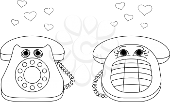 Valentines cartoon: desktop phones, enamoured each other, communicate calls, contours. Vector