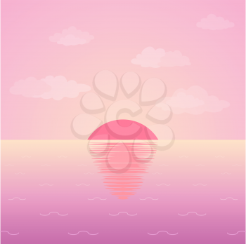 Landscape, sunrise on the sea, waves, sun and pink morning sky with clouds. Vector