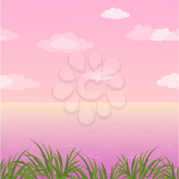 Sea landscape, horizontal seamless, green grass and pink morning sky with clouds. Eps10, contains transparencies. Vector